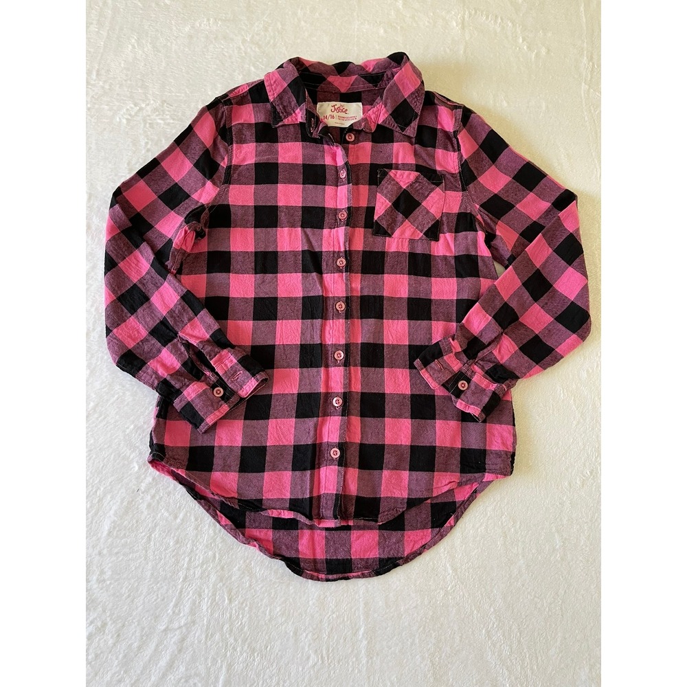 Justice Girls 14/16 Pink Black Buffalo Plaid Flannel Button Up Shirt Cotton